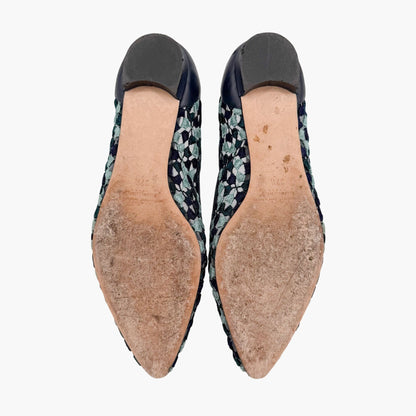 Manolo Blahnik Hangisi Crystal Ballet Flats in Blue Embroidered Mesh Size 37.5