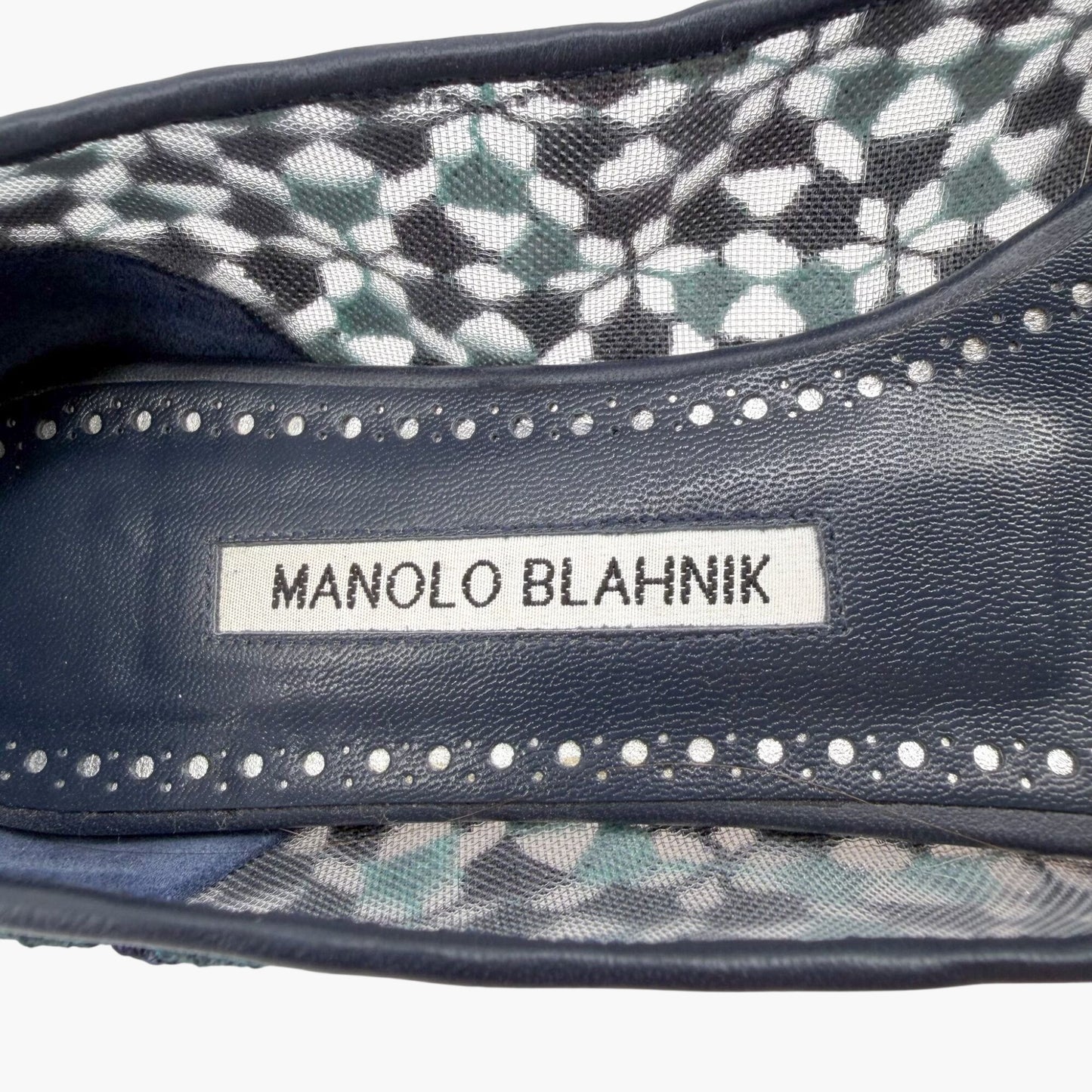Manolo Blahnik Hangisi Crystal Ballet Flats in Blue Embroidered Mesh Size 37.5