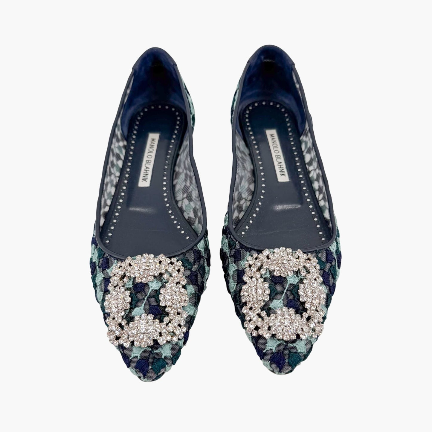 Manolo Blahnik Hangisi Crystal Ballet Flats in Blue Embroidered Mesh Size 37.5