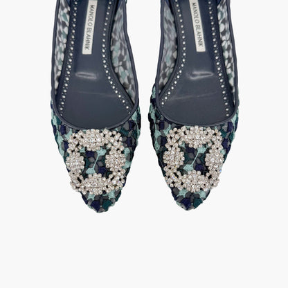 Manolo Blahnik Hangisi Crystal Ballet Flats in Blue Embroidered Mesh Size 37.5