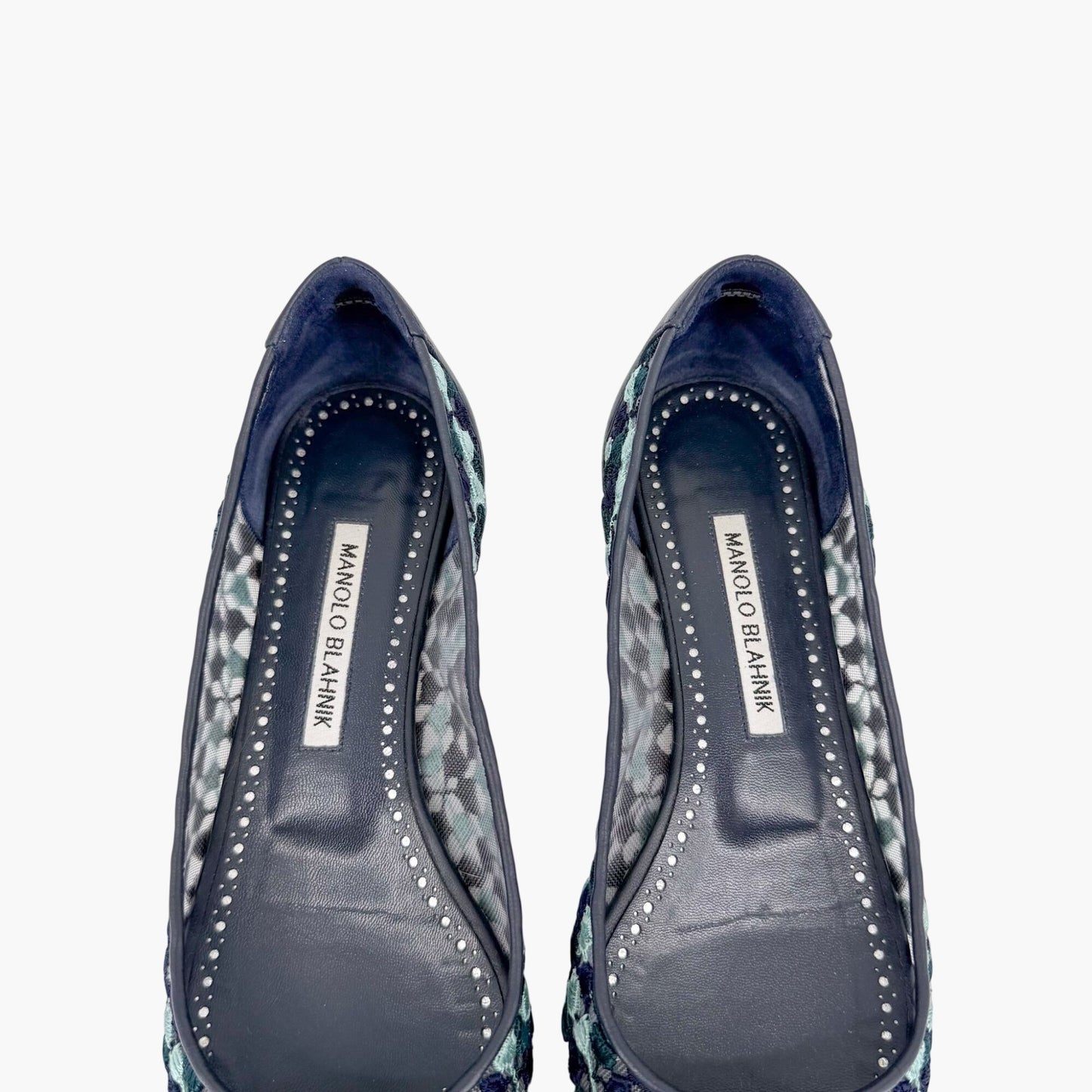Manolo Blahnik Hangisi Crystal Ballet Flats in Blue Embroidered Mesh Size 37.5