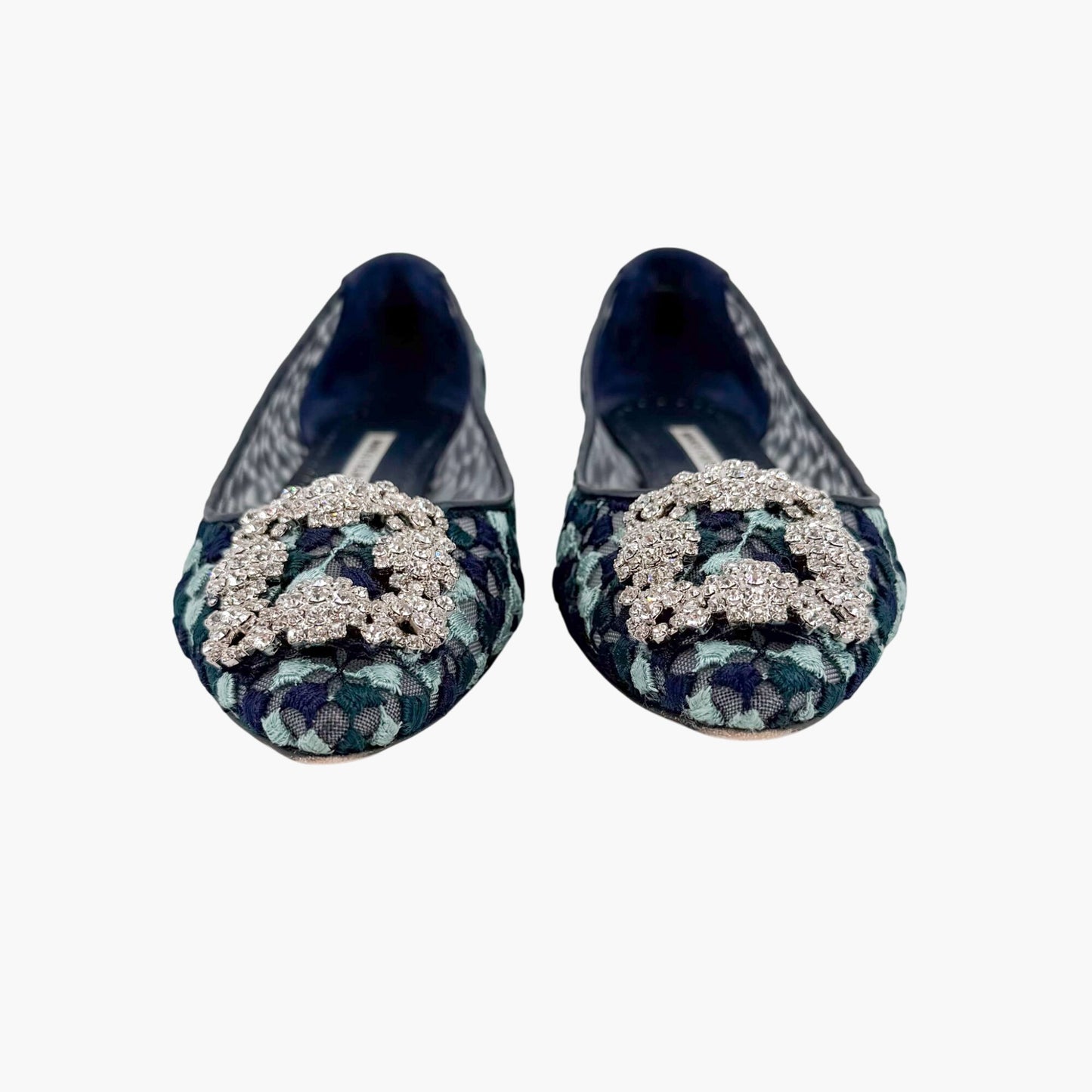 Manolo Blahnik Hangisi Crystal Ballet Flats in Blue Embroidered Mesh Size 37.5