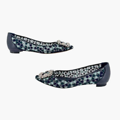 Manolo Blahnik Hangisi Crystal Ballet Flats in Blue Embroidered Mesh Size 37.5