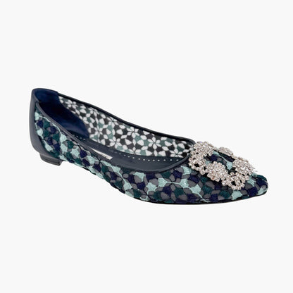 Manolo Blahnik Hangisi Crystal Ballet Flats in Blue Embroidered Mesh Size 37.5