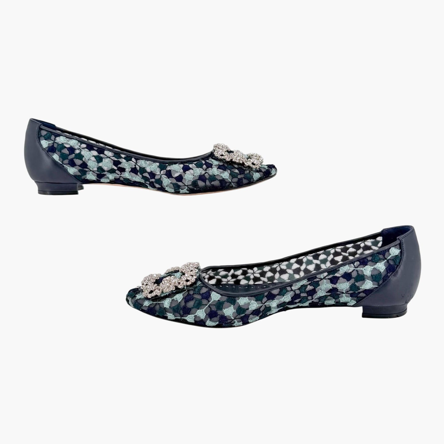 Manolo Blahnik Hangisi Crystal Ballet Flats in Blue Embroidered Mesh Size 37.5