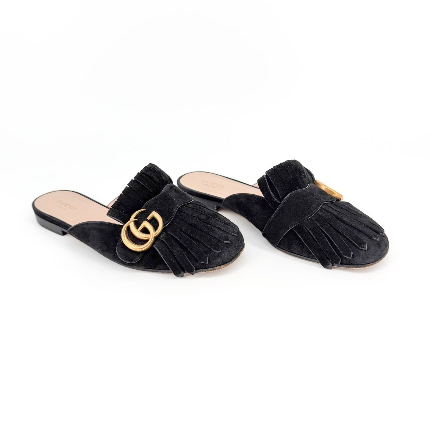 Gucci Marmont GG Fringe Black Suede Mules Size 37