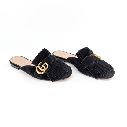 Gucci Marmont GG Fringe Black Suede Mules Size 37