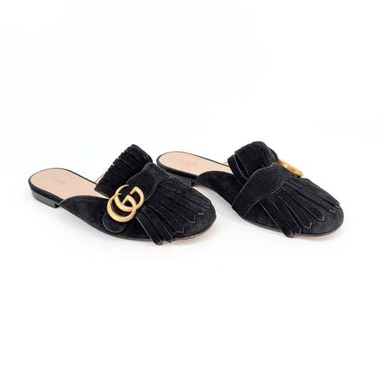 Gucci Marmont GG Fringe Black Suede Mules Size 37