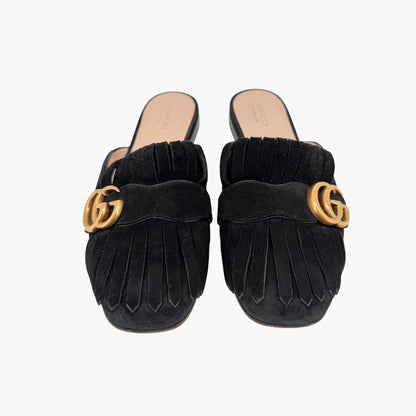 Gucci Marmont GG Fringe Black Suede Mules Size 37