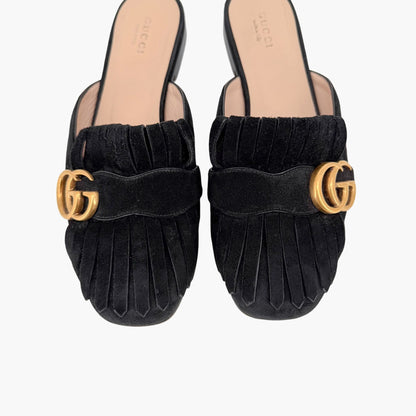 Gucci Marmont GG Fringe Black Suede Mules Size 37