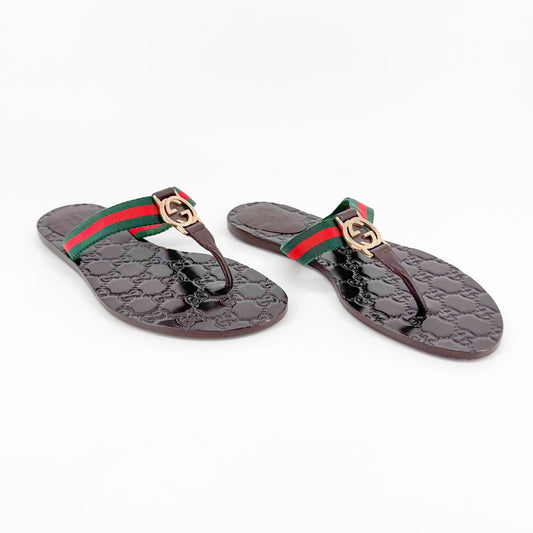 Gucci Interlocking GG Web Stripe Thong Sandals in Brown Monogram Leather Size 38