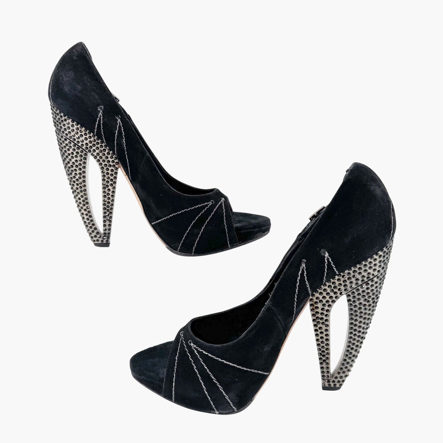 Christian Dior Vintage Crystal Heel Charm Pumps in Black Suede Size 38.5