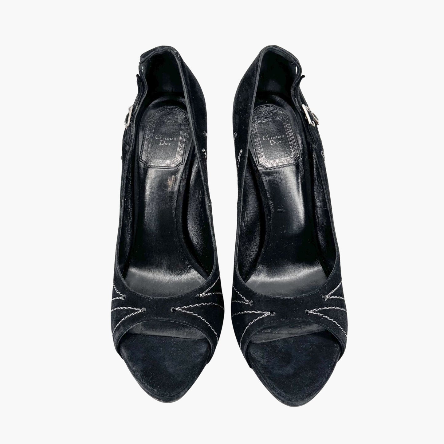 Christian Dior Vintage Crystal Heel Charm Pumps in Black Suede Size 38.5