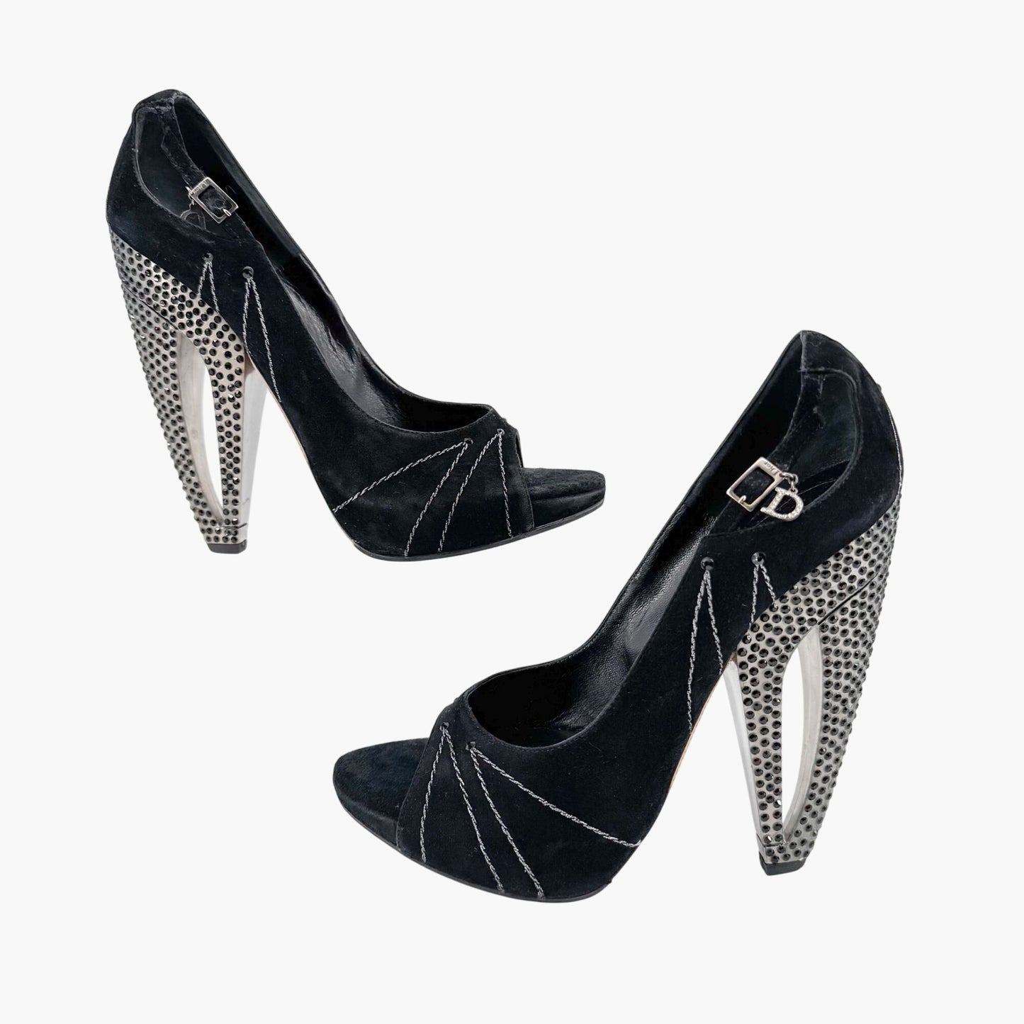 Christian Dior Vintage Crystal Heel Charm Pumps in Black Suede Size 38.5