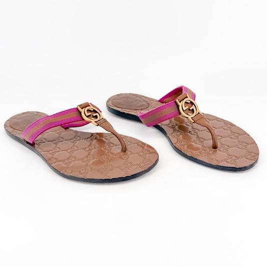 Gucci Brown GG Web Stripe Thong Sandals Size 38.5