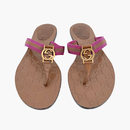 Gucci Brown GG Web Stripe Thong Sandals Size 38.5