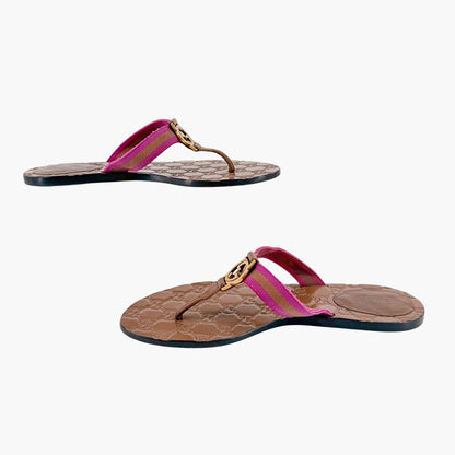 Gucci Brown GG Web Stripe Thong Sandals Size 38.5