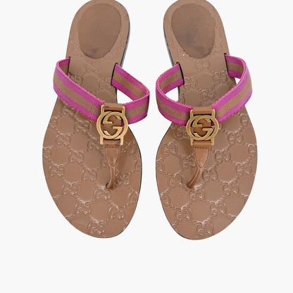 Gucci Brown GG Web Stripe Thong Sandals Size 38.5