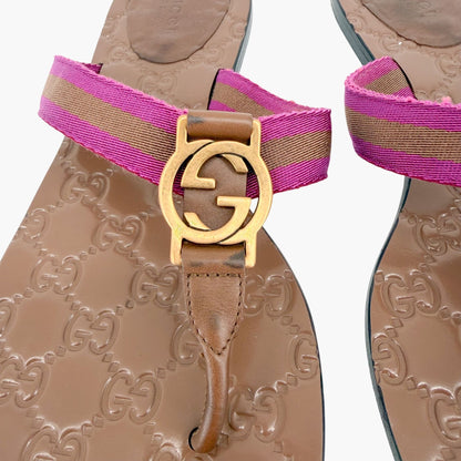Gucci Brown GG Web Stripe Thong Sandals Size 38.5