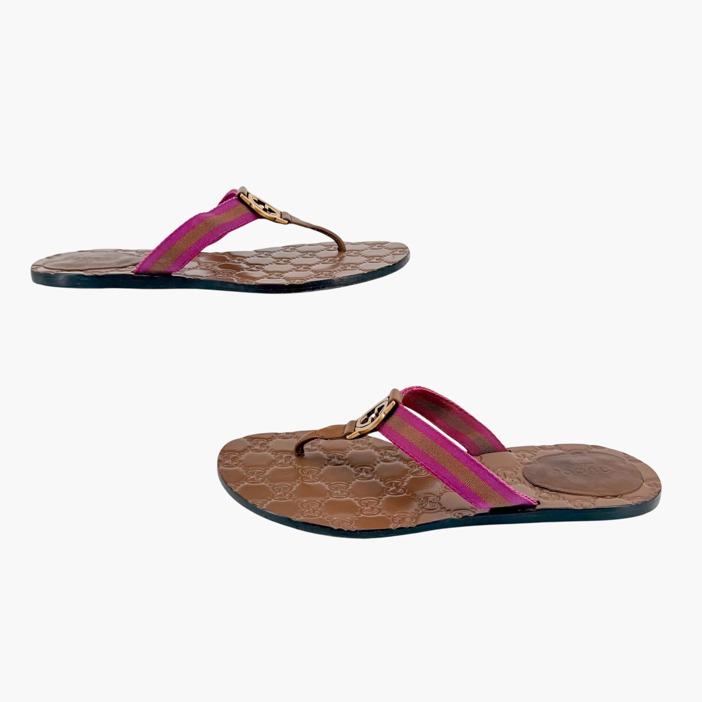 Gucci Brown GG Web Stripe Thong Sandals Size 38.5