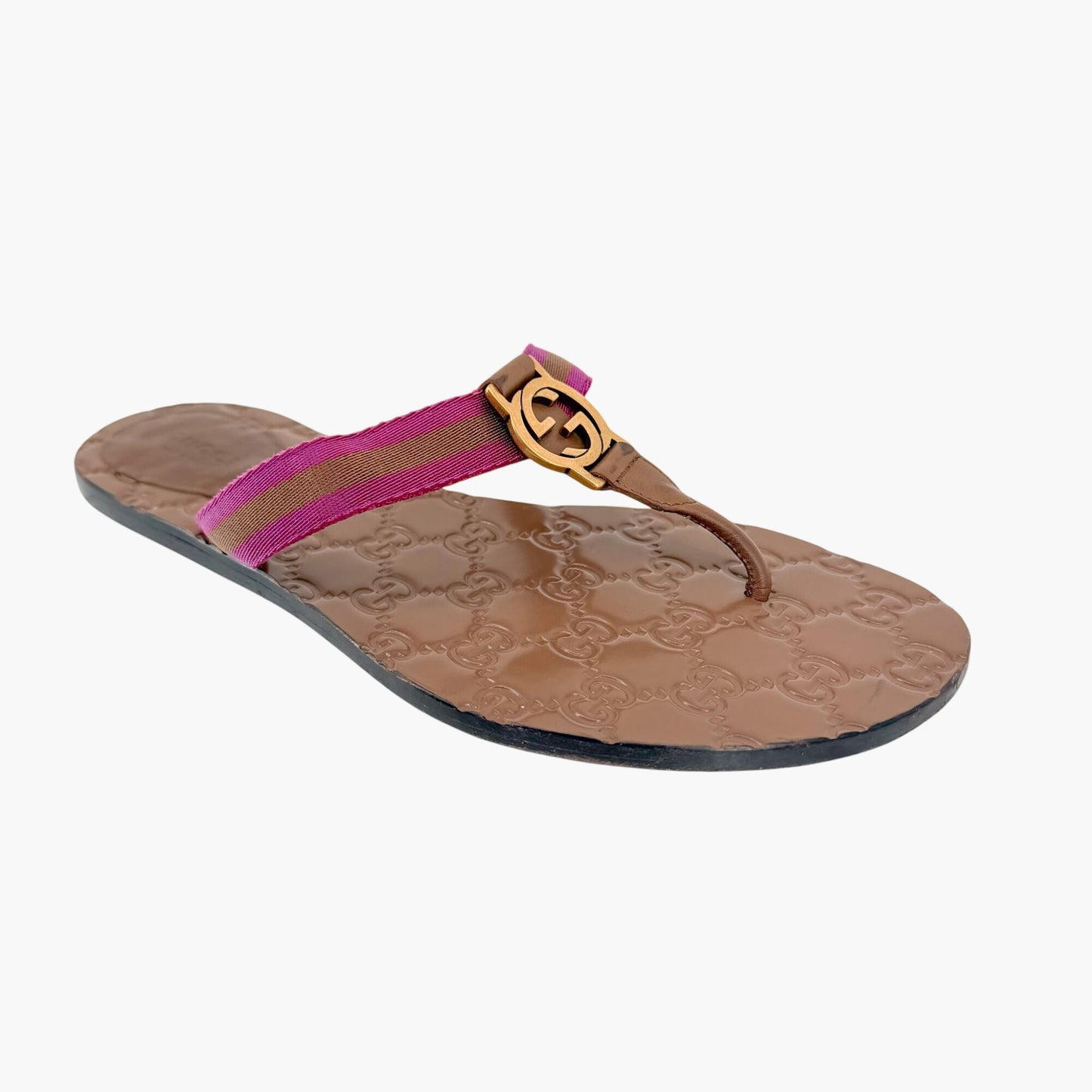 Gucci Brown GG Web Stripe Thong Sandals Size 38.5