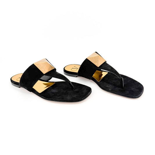 Valentino Garavani One Stud Thong Sandals in Black Suede Size 38