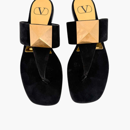 Valentino Garavani One Stud Thong Sandals in Black Suede Size 38