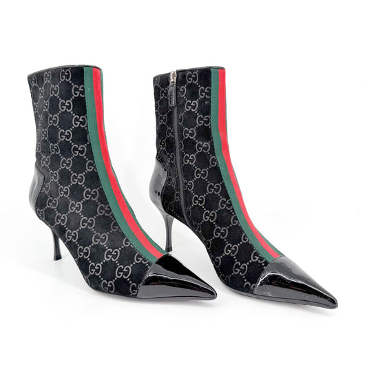 Gucci GG Web Stripe Ankle Boots Black Suede Size 38