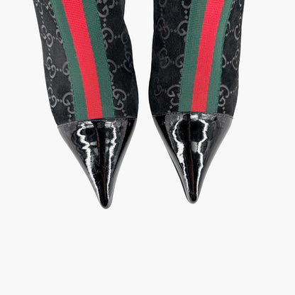 Gucci GG Web Stripe Ankle Boots Black Suede Size 38