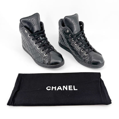 Chanel High Top Quilted CC Sneakers in Black Leather Size 37.5