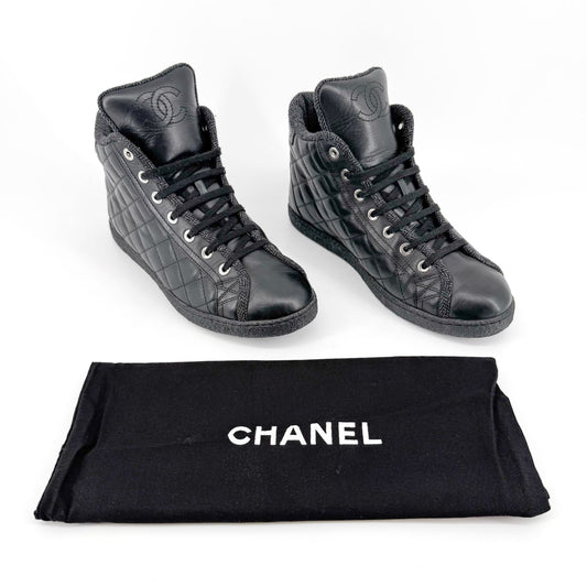 Chanel High Top Quilted CC Sneakers in Black Leather Size 37.5