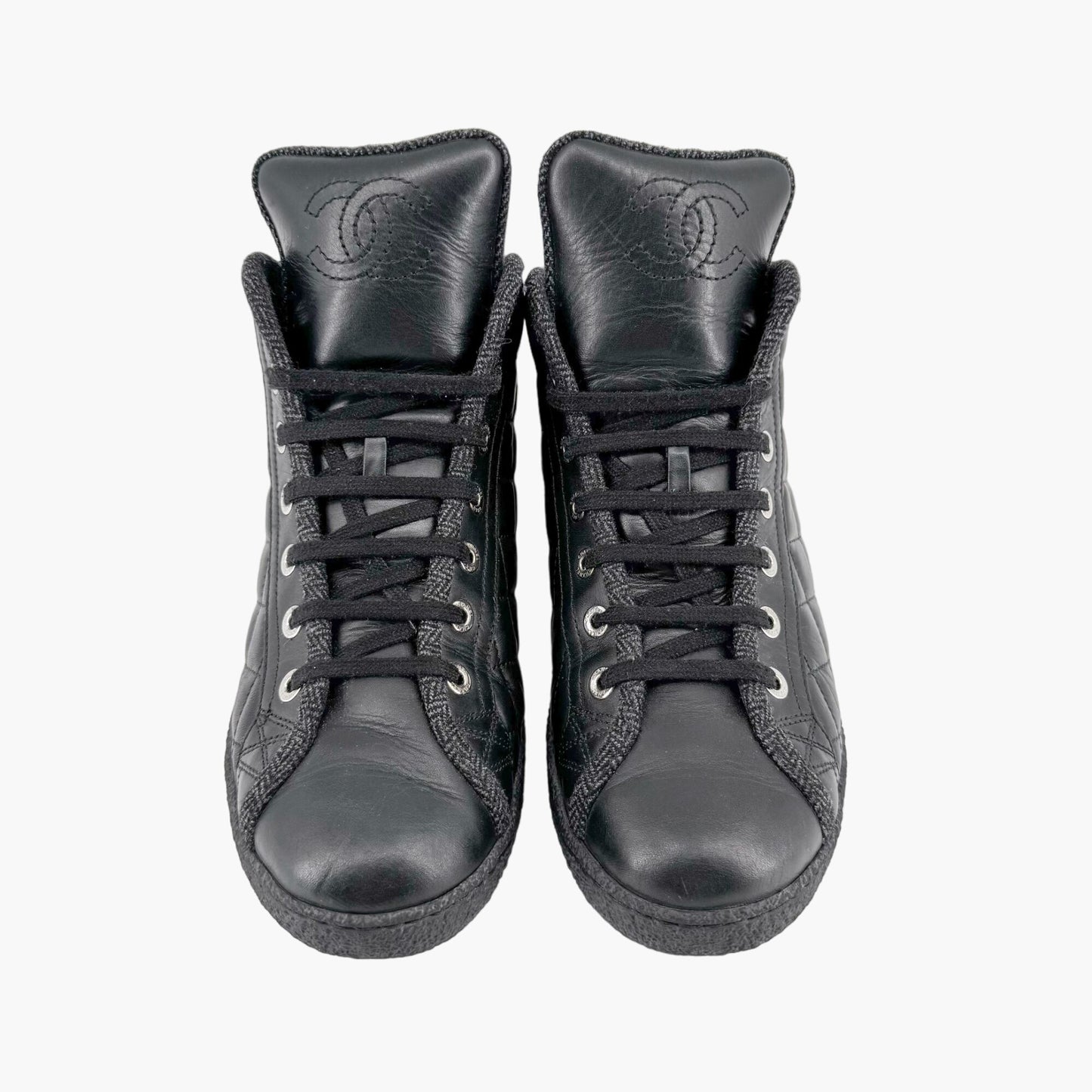 Chanel High Top Quilted CC Sneakers in Black Leather Size 37.5