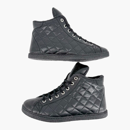 Chanel High Top Quilted CC Sneakers in Black Leather Size 37.5