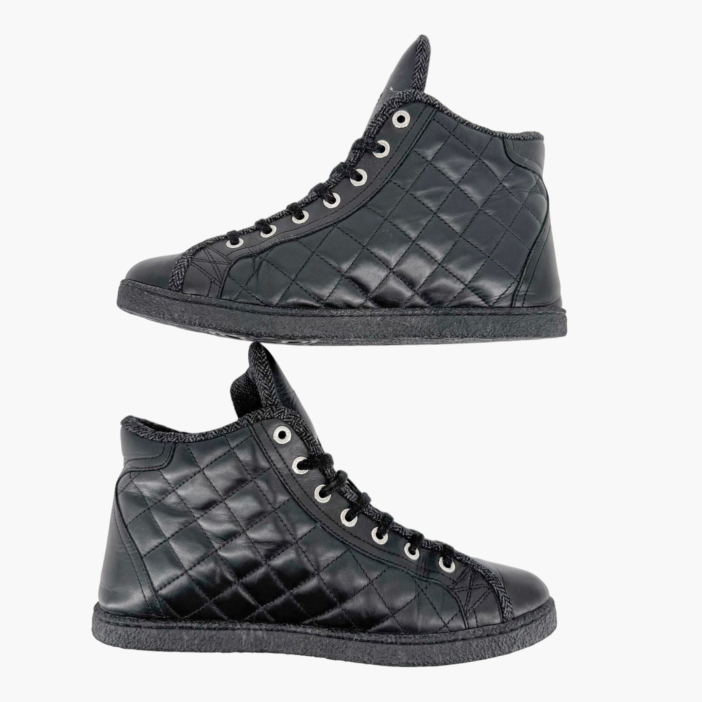 Chanel High Top Quilted CC Sneakers in Black Leather Size 37.5