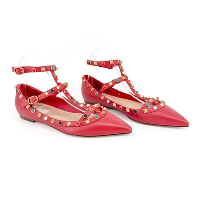 Valentino Rockstud Cage Ballet Flats Red Leather Size 38