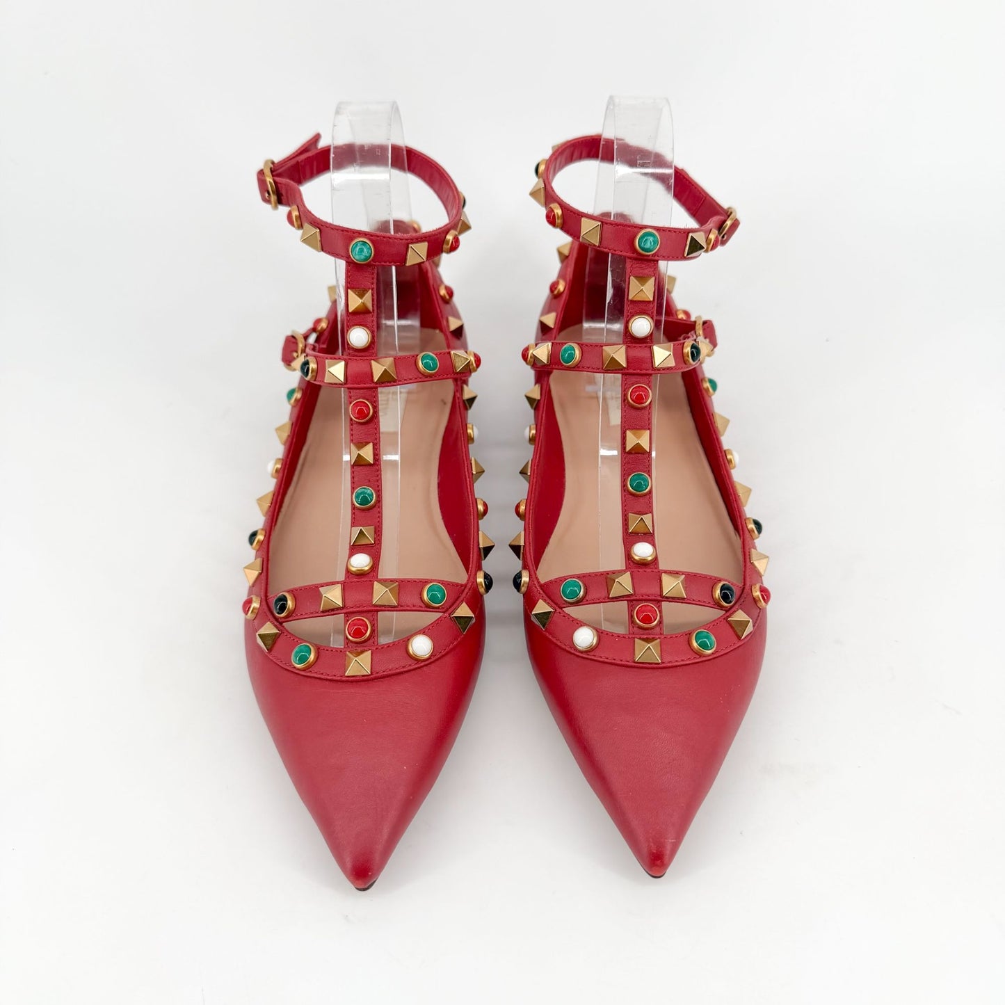 Valentino Rockstud Cage Ballet Flats Red Leather Size 38