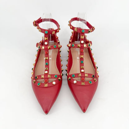 Valentino Rockstud Cage Ballet Flats Red Leather Size 38