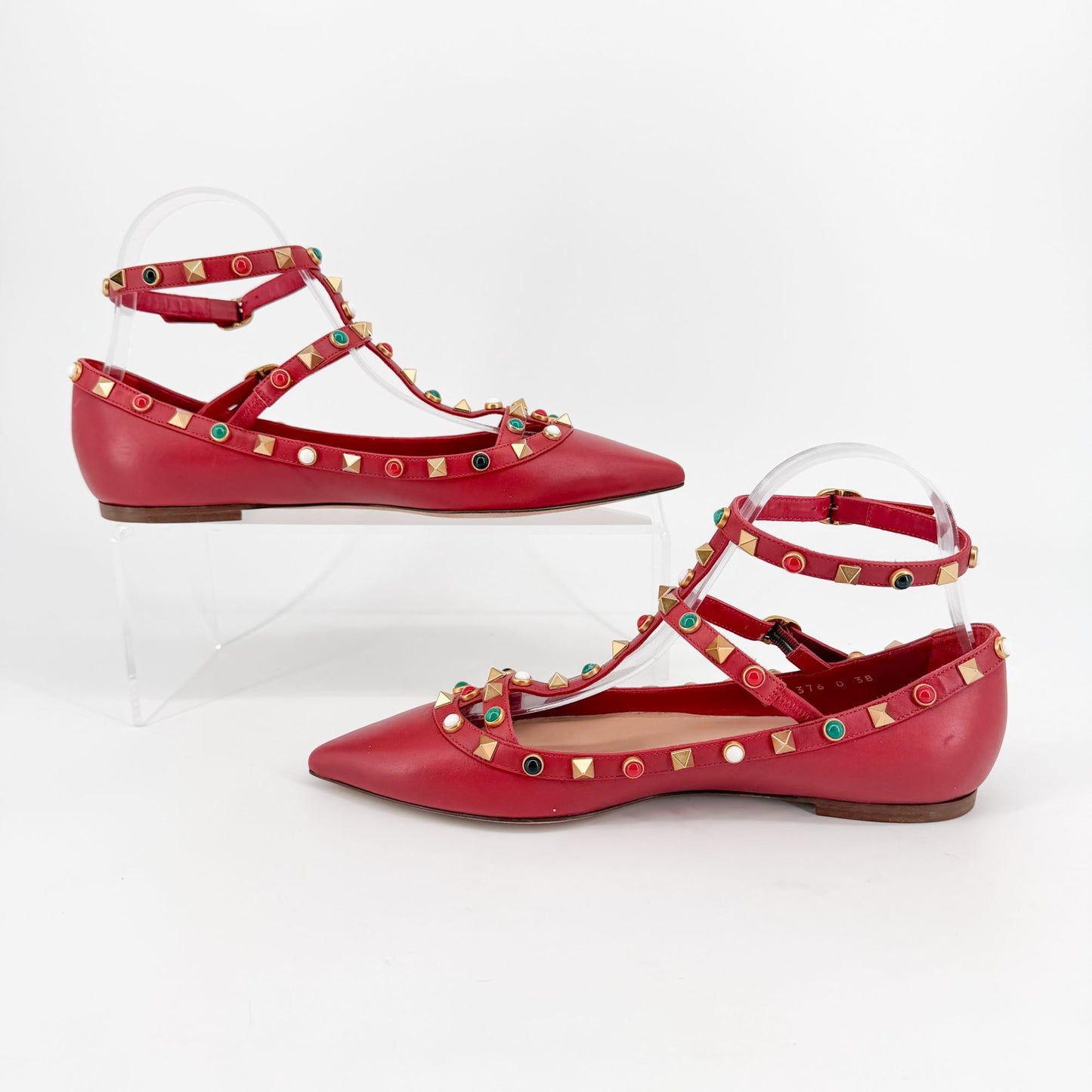Valentino Rockstud Cage Ballet Flats Red Leather Size 38