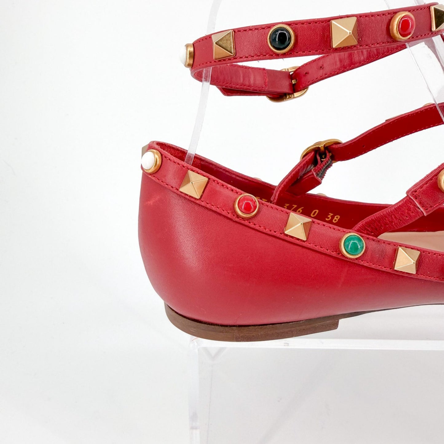 Valentino Rockstud Cage Ballet Flats Red Leather Size 38