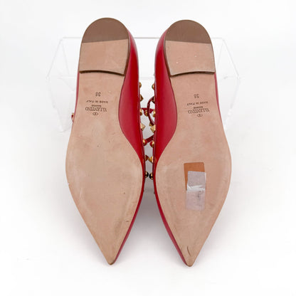 Valentino Rockstud Cage Ballet Flats Red Leather Size 38