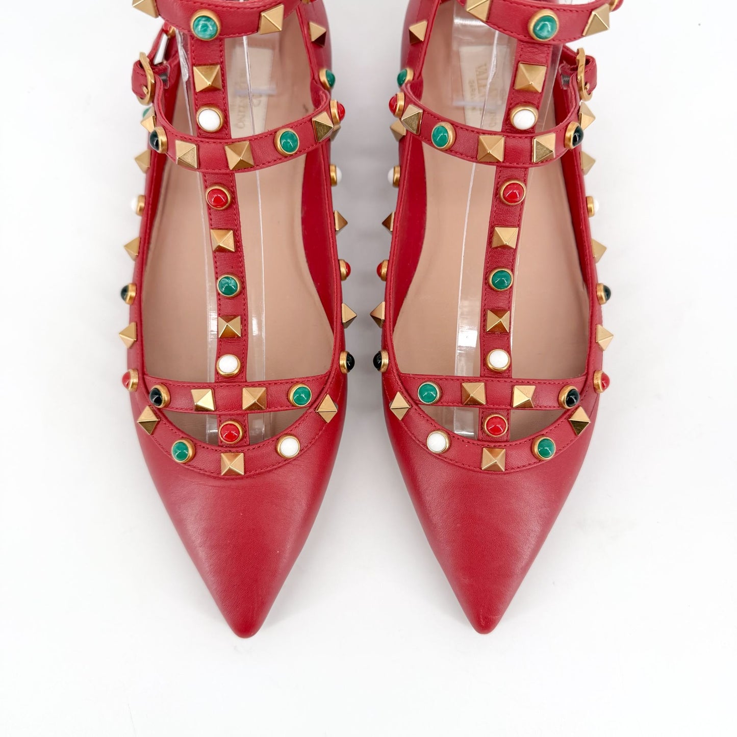 Valentino Rockstud Cage Ballet Flats Red Leather Size 38