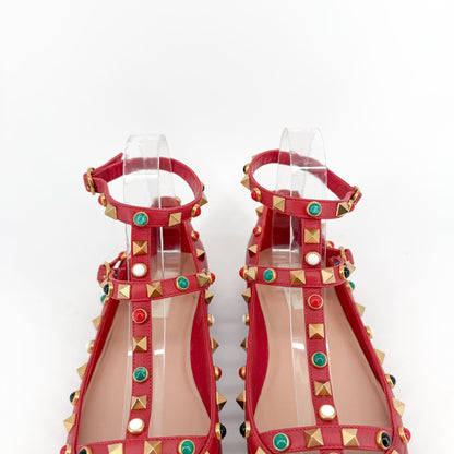 Valentino Rockstud Cage Ballet Flats Red Leather Size 38