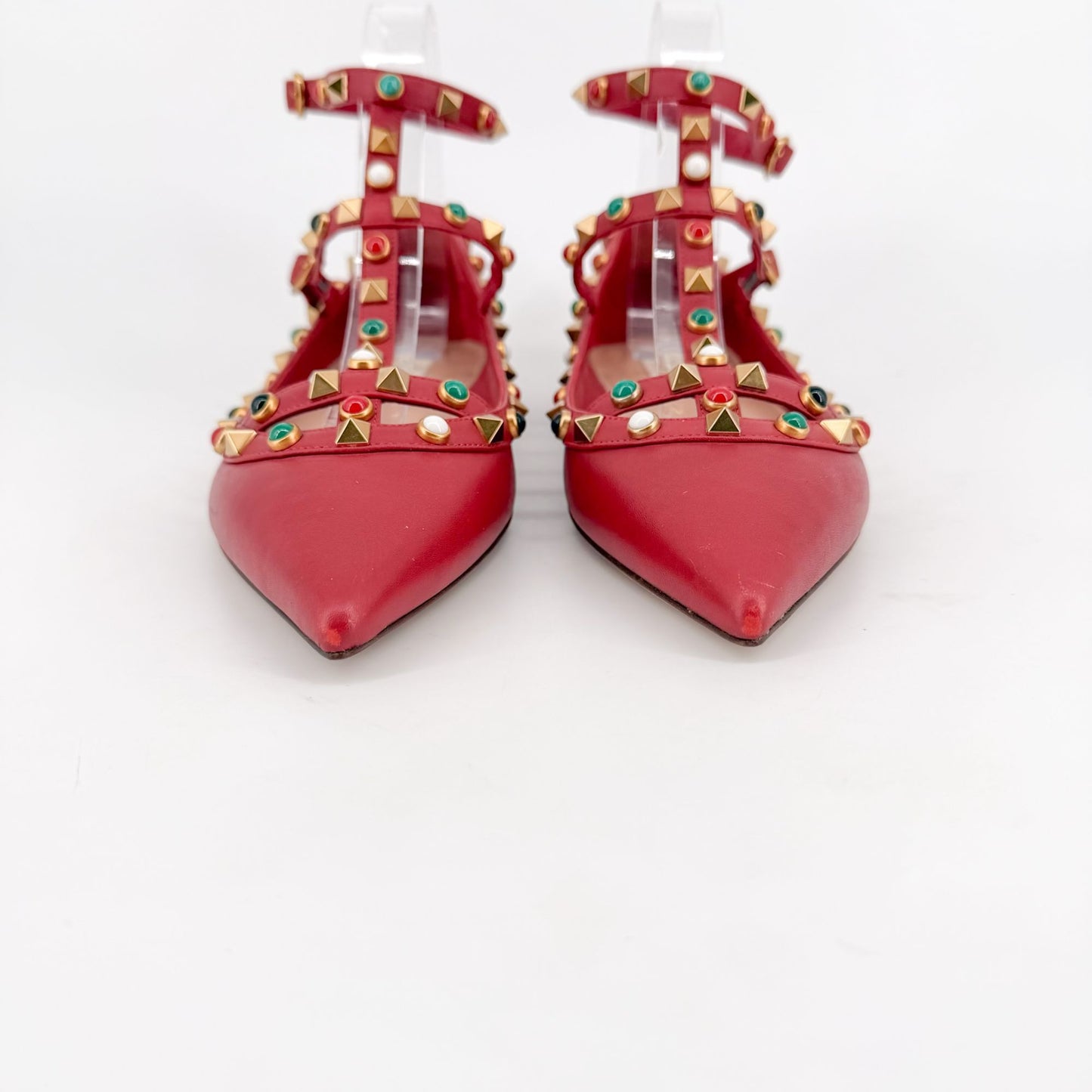 Valentino Rockstud Cage Ballet Flats Red Leather Size 38