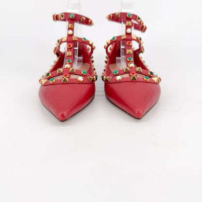 Valentino Rockstud Cage Ballet Flats Red Leather Size 38