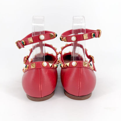 Valentino Rockstud Cage Ballet Flats Red Leather Size 38