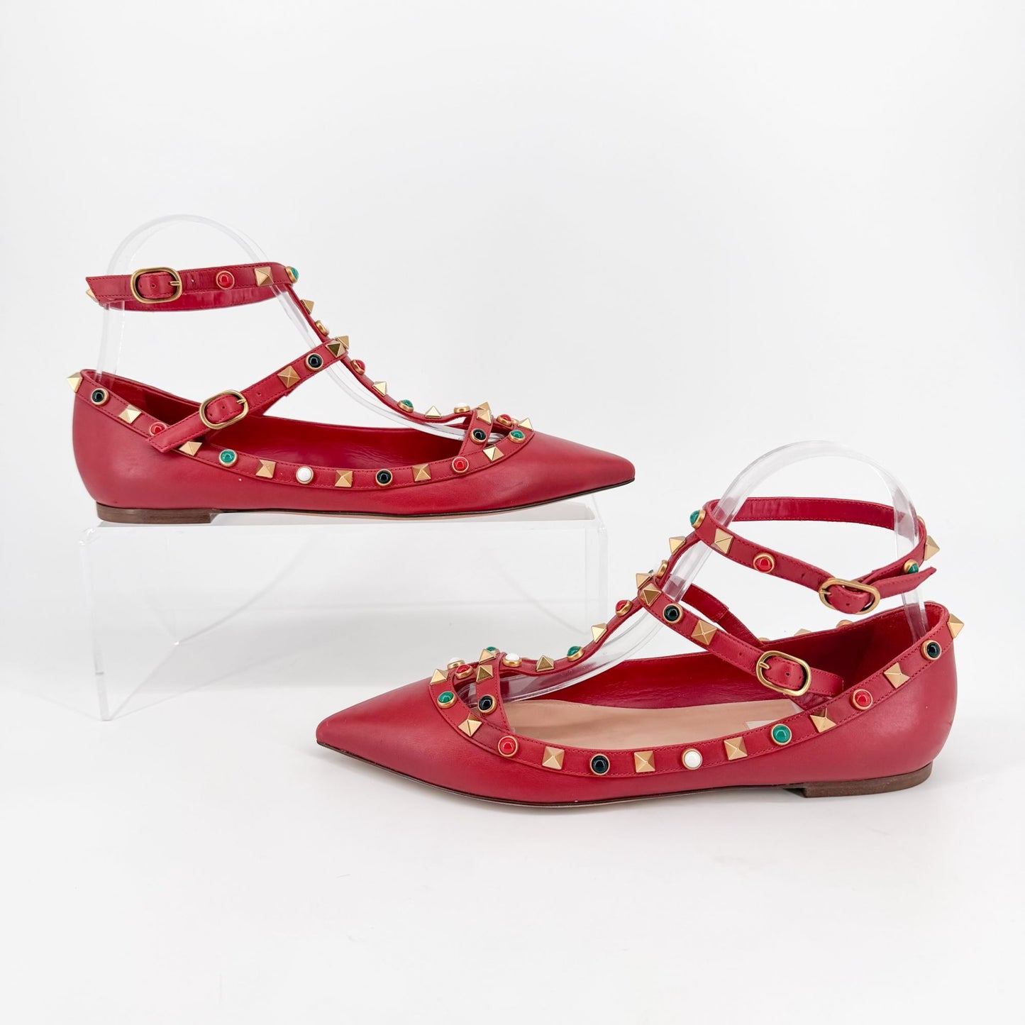 Valentino Rockstud Cage Ballet Flats Red Leather Size 38
