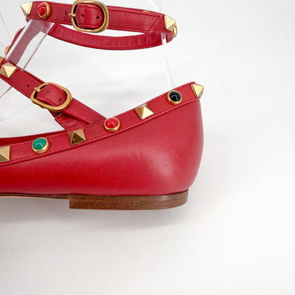 Valentino Rockstud Cage Ballet Flats Red Leather Size 38