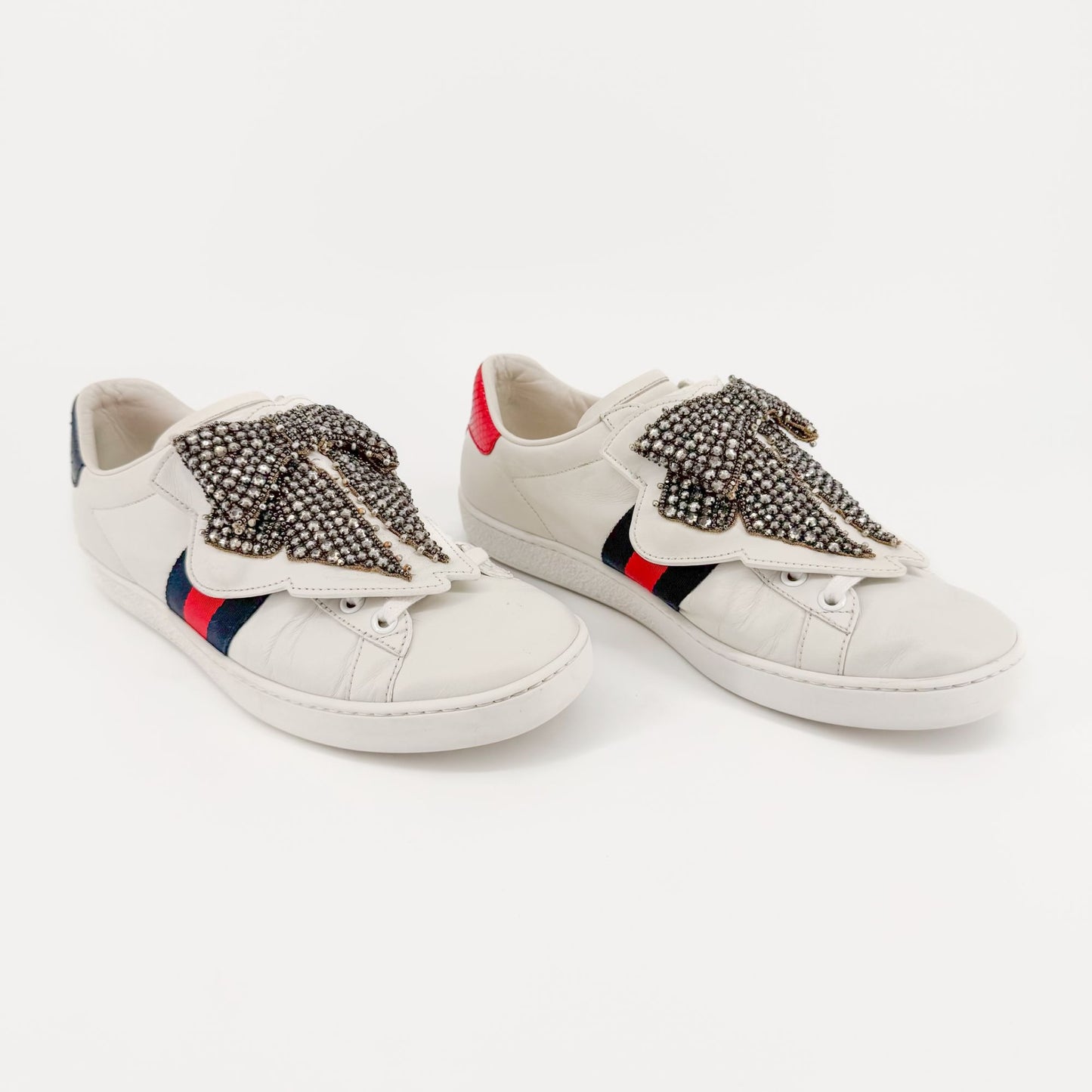 Gucci Crystal-Embellished Bow Ace Sneakers in White Leather Size 37.5