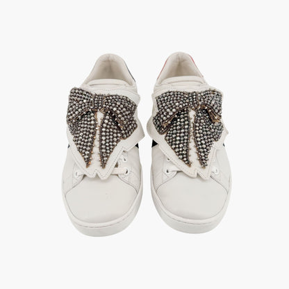 Gucci Crystal-Embellished Bow Ace Sneakers in White Leather Size 37.5