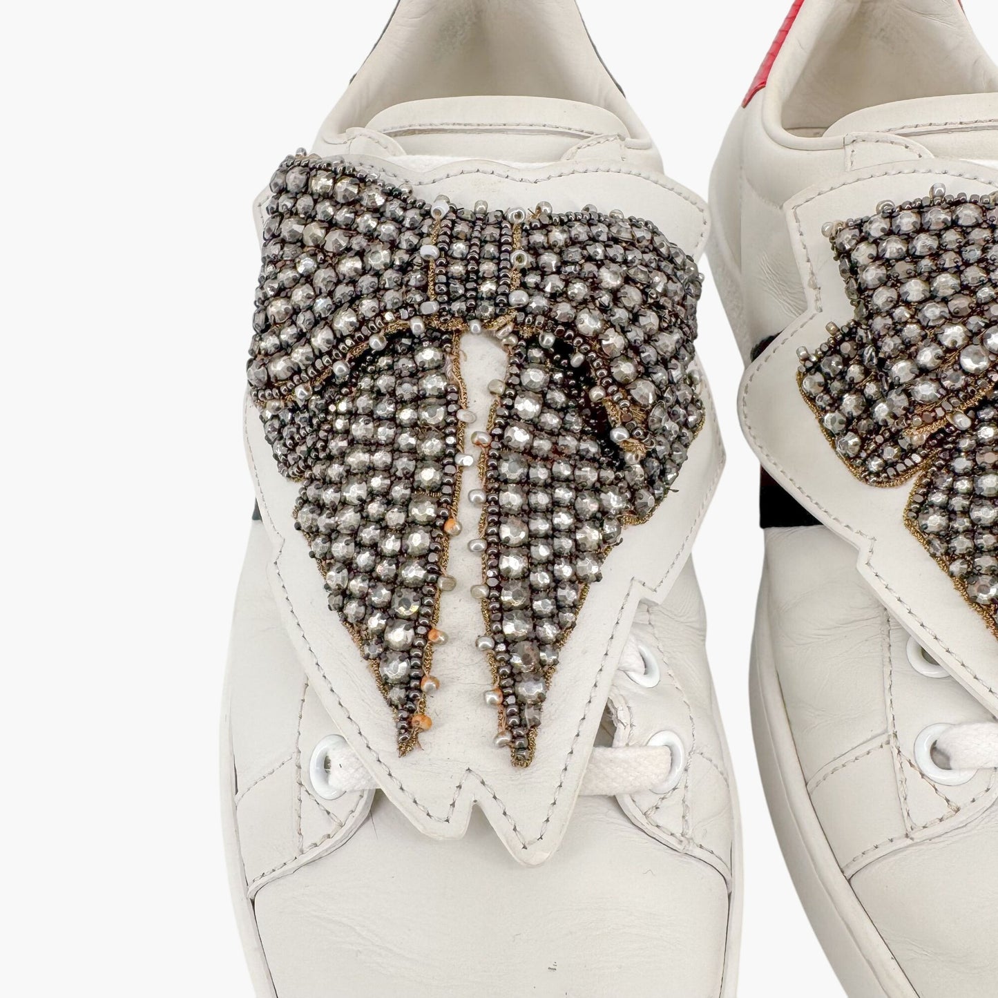 Gucci Crystal-Embellished Bow Ace Sneakers in White Leather Size 37.5